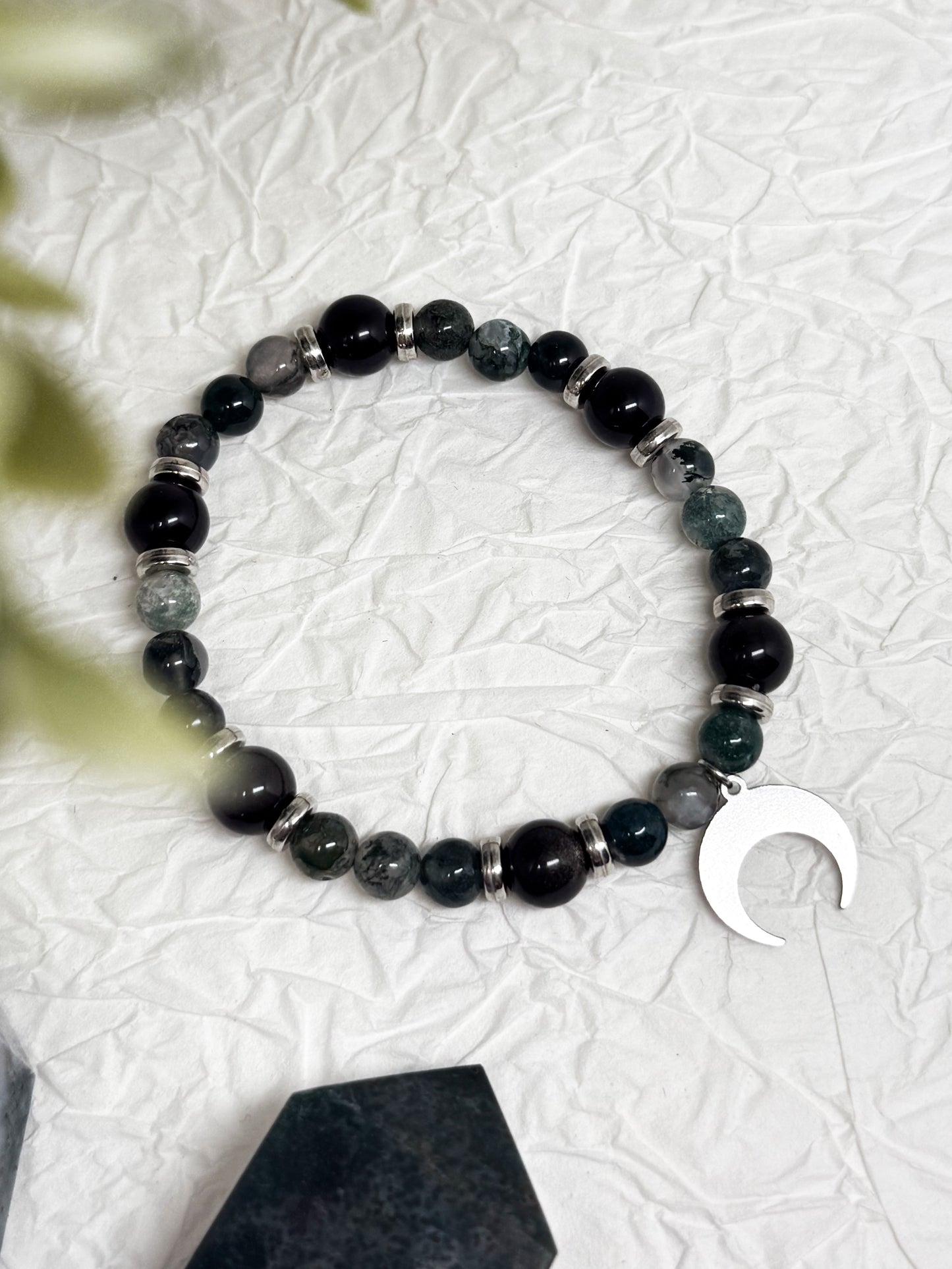 Armband "Nocturnis" | Moosachat - Obsidian | Silber & Gold | Edelstahl