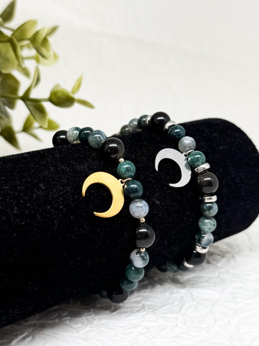Armband "Nocturnis" | Moosachat - Obsidian | Silber & Gold | Edelstahl