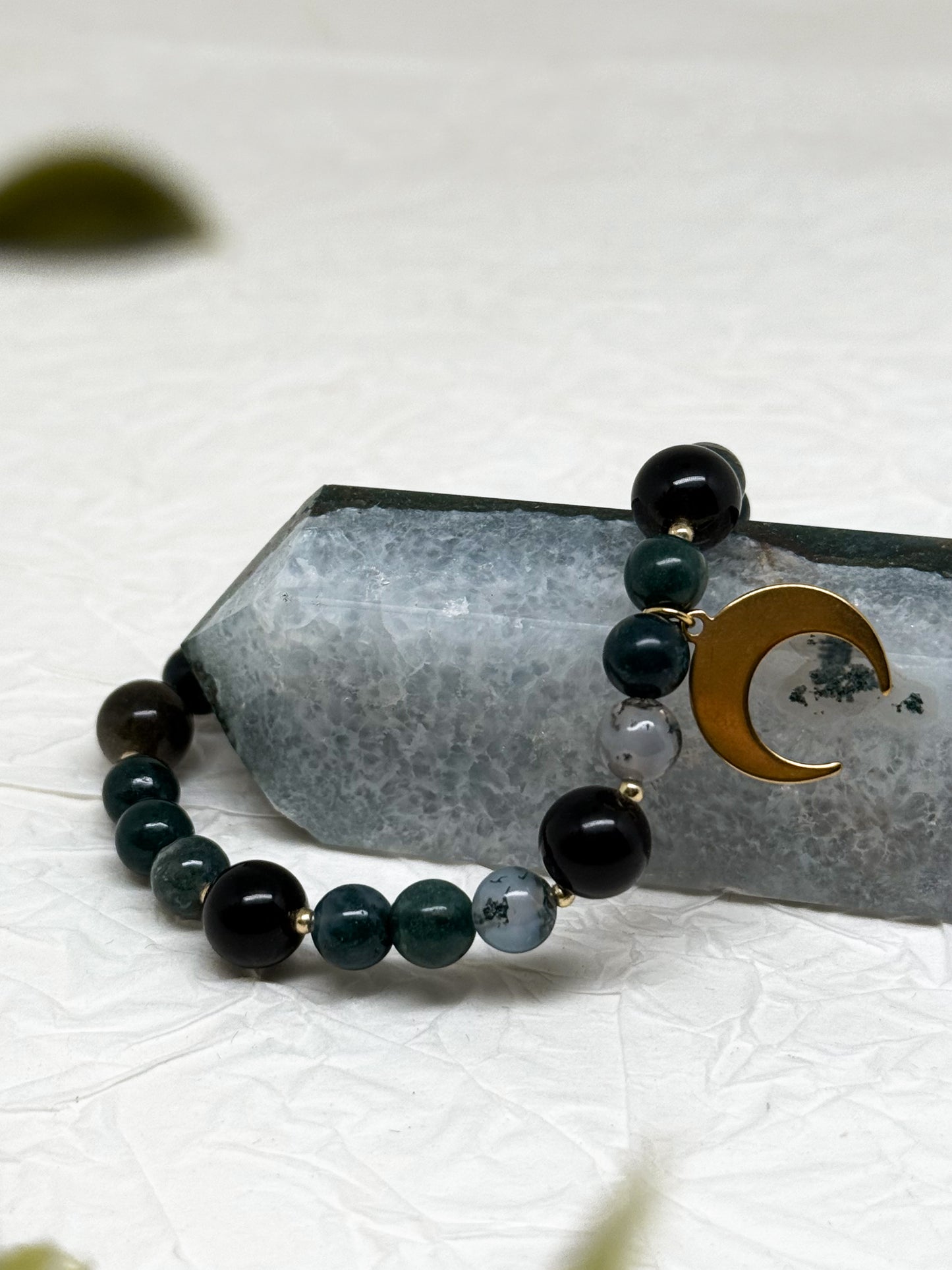 Armband "Nocturnis" | Moosachat - Obsidian | Silber & Gold | Edelstahl