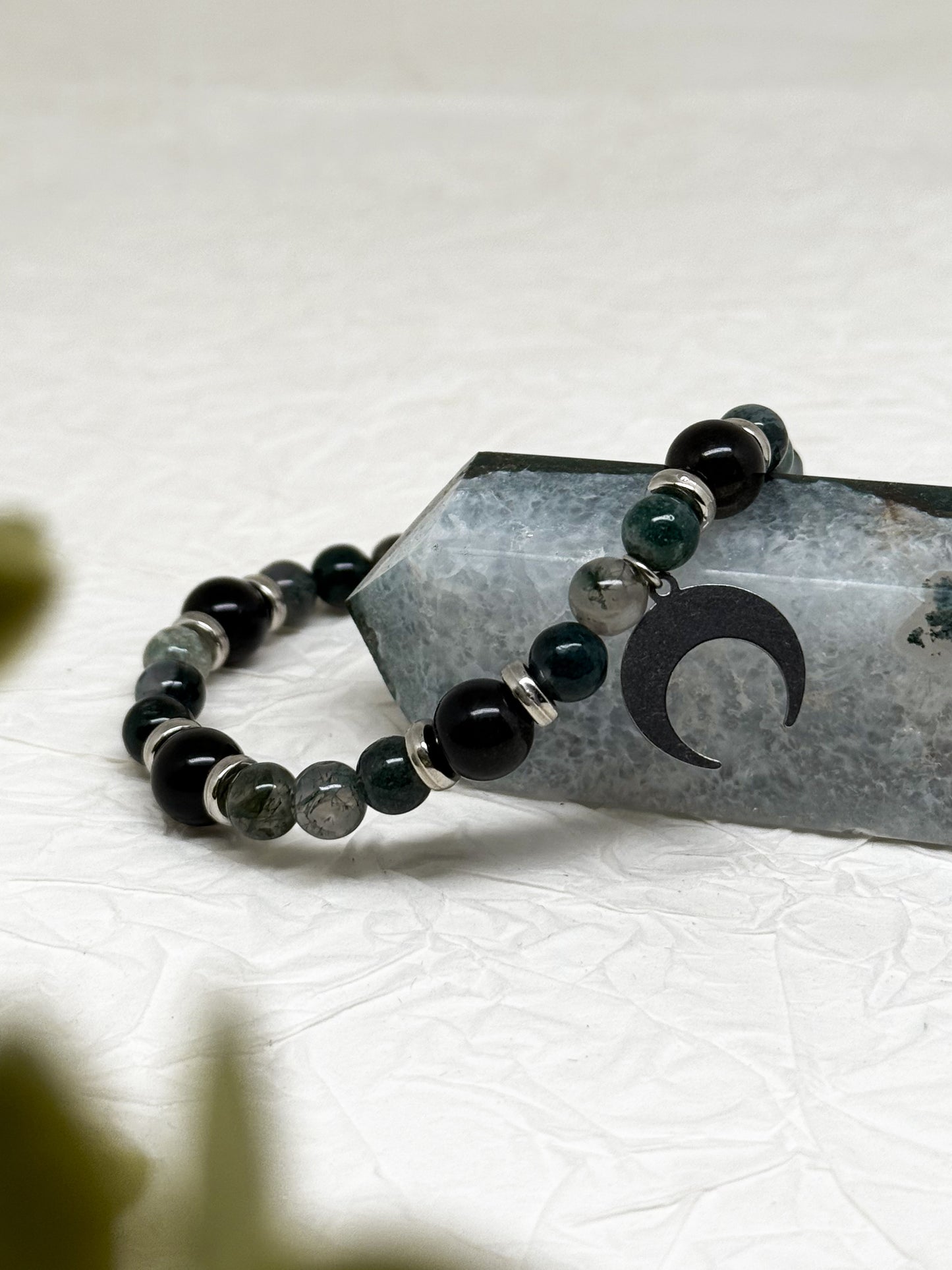 Armband "Nocturnis" | Moosachat - Obsidian | Silber & Gold | Edelstahl