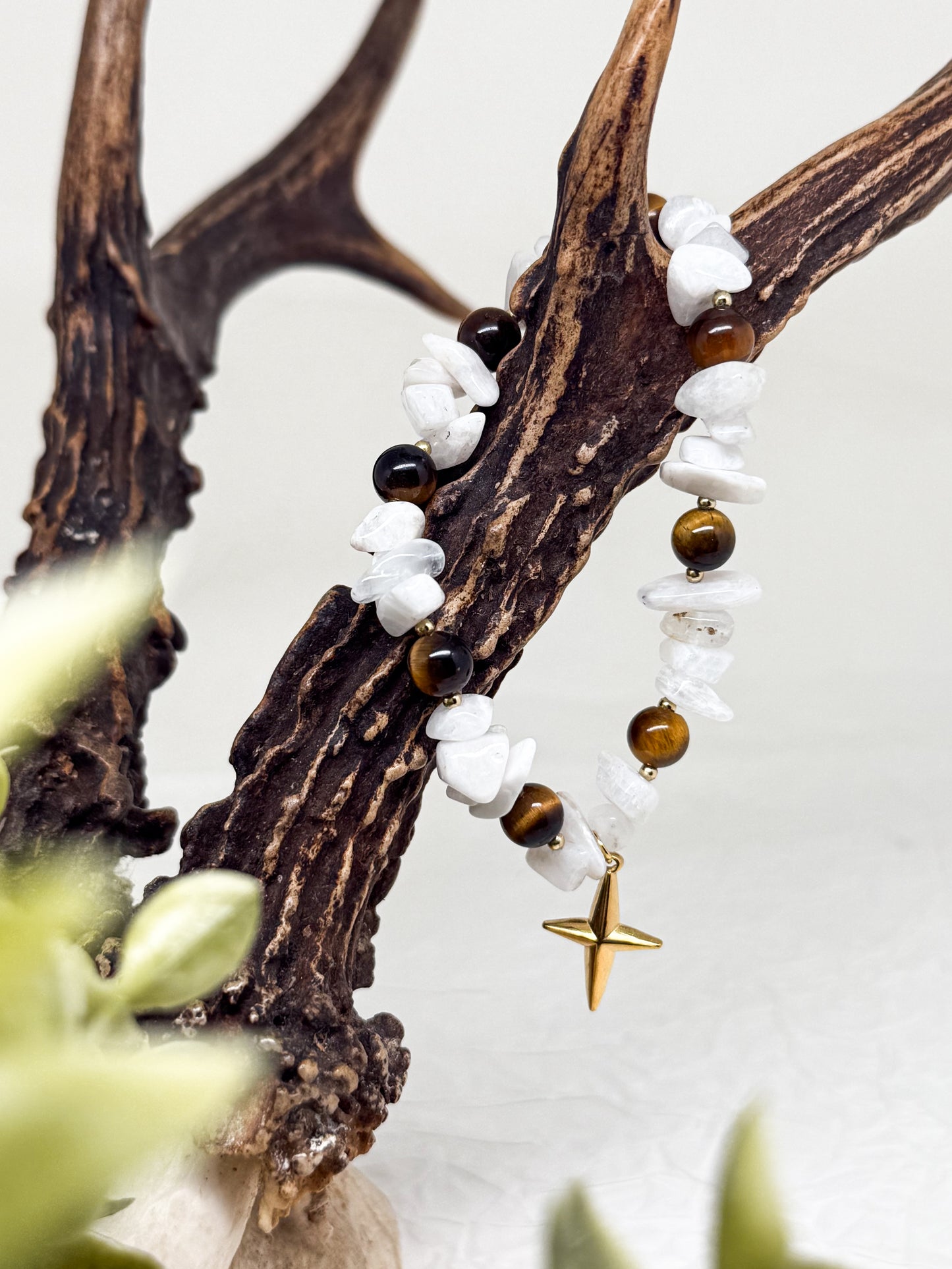 Armband "Feluna" | Mondstein - Tigerauge | Silber & Gold | Edelstahl