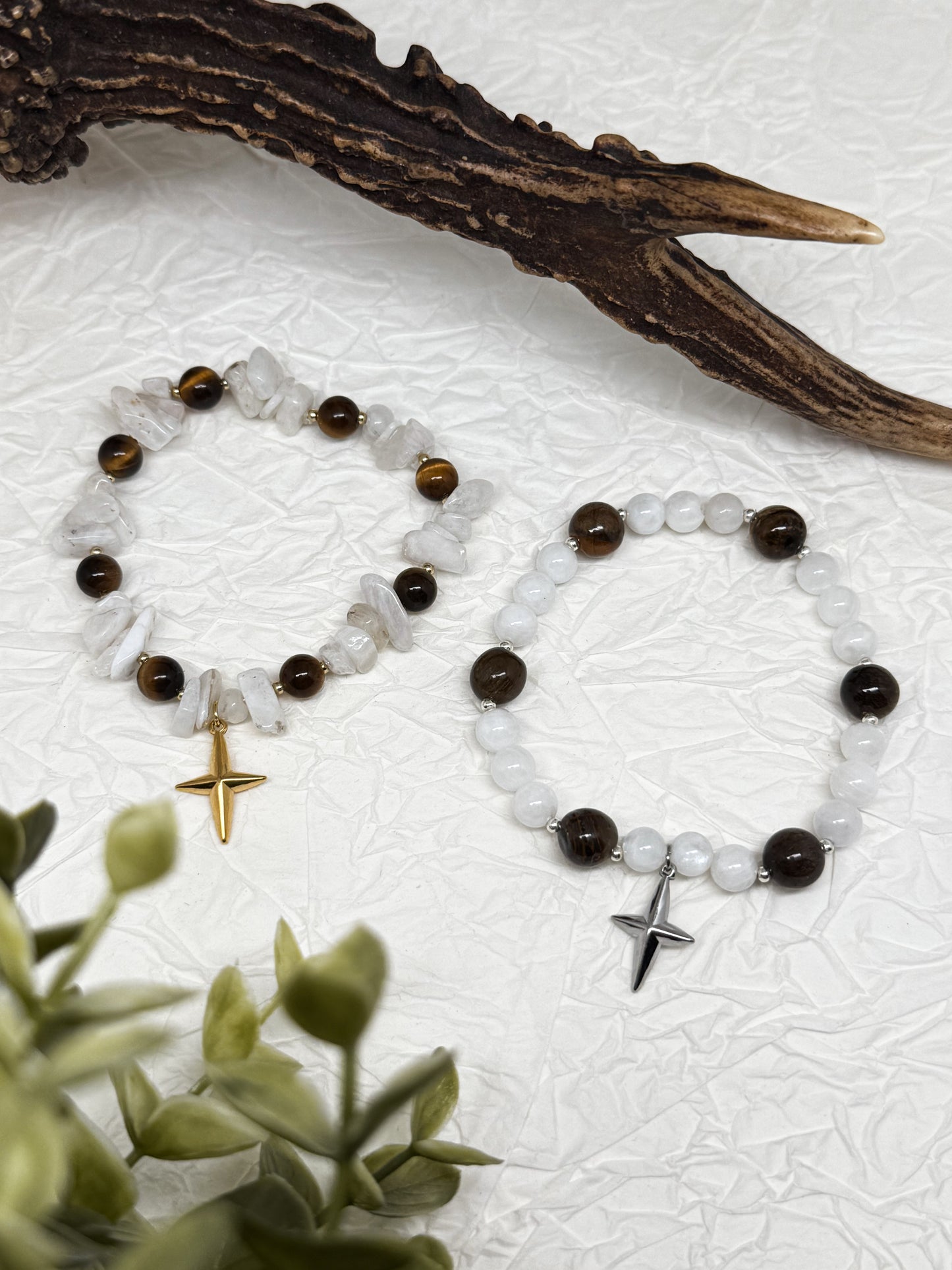 Armband "Feluna" | Mondstein - Tigerauge | Silber & Gold | Edelstahl