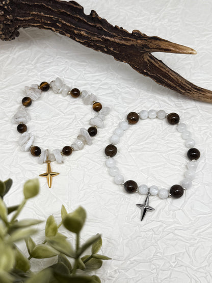 Armband "Feluna" | Mondstein - Tigerauge | Silber & Gold | Edelstahl