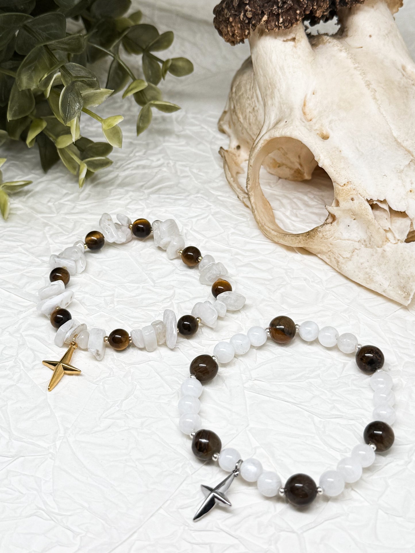 Armband "Feluna" | Mondstein - Tigerauge | Silber & Gold | Edelstahl