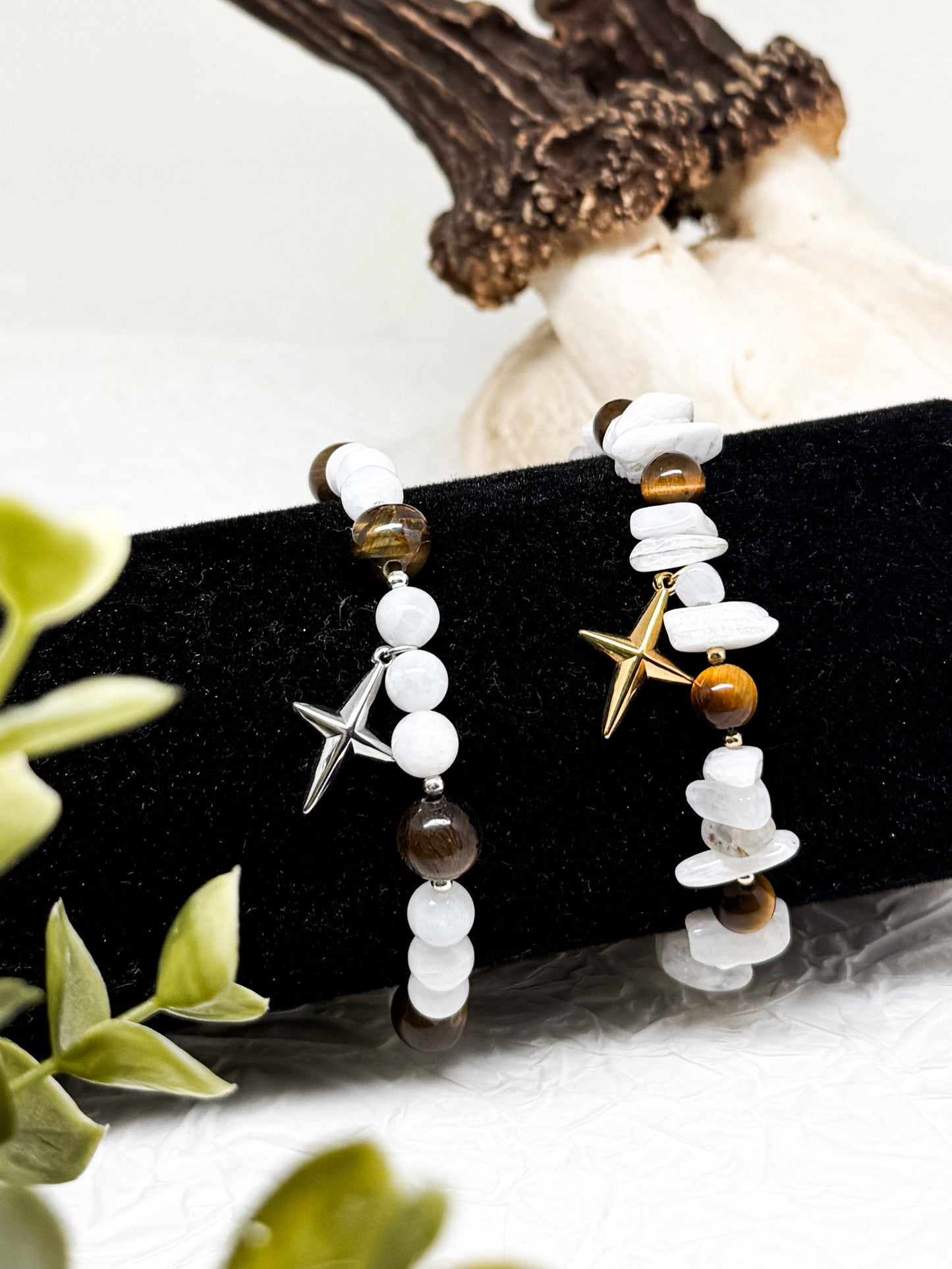 Armband "Feluna" | Mondstein - Tigerauge | Silber & Gold | Edelstahl