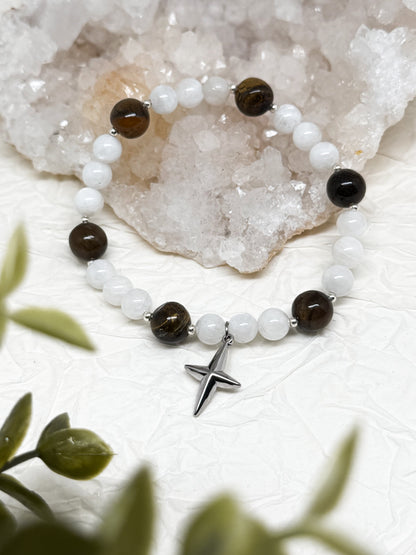 Armband "Feluna" | Mondstein - Tigerauge | Silber & Gold | Edelstahl