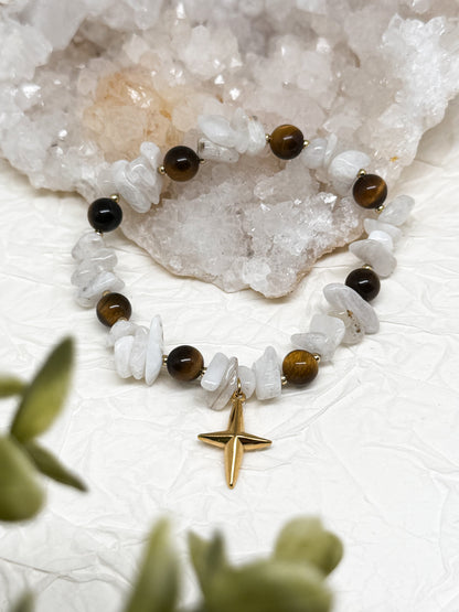 Armband "Feluna" | Mondstein - Tigerauge | Silber & Gold | Edelstahl