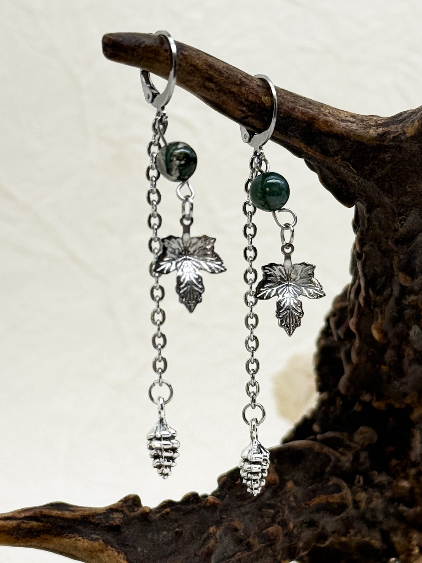 Tannenzapfen Ohrringe mit Moosachat | Gold & Silber