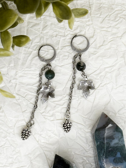 Tannenzapfen Ohrringe mit Moosachat | Gold & Silber