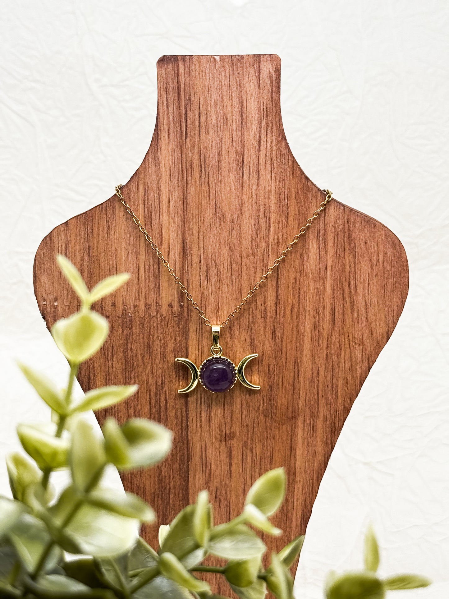 Mondphasen Wicca Kette | Bergkristall, Amethyst & Aventurin | Edelstahl