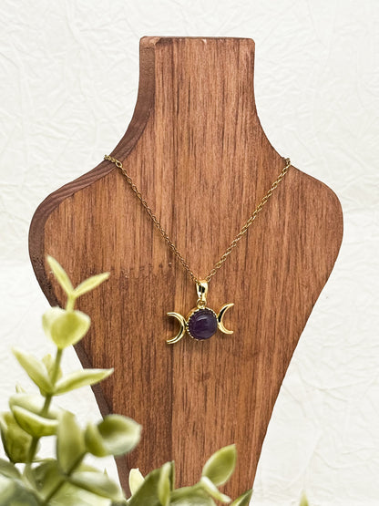 Mondphasen Wicca Kette | Bergkristall, Amethyst & Aventurin | Edelstahl