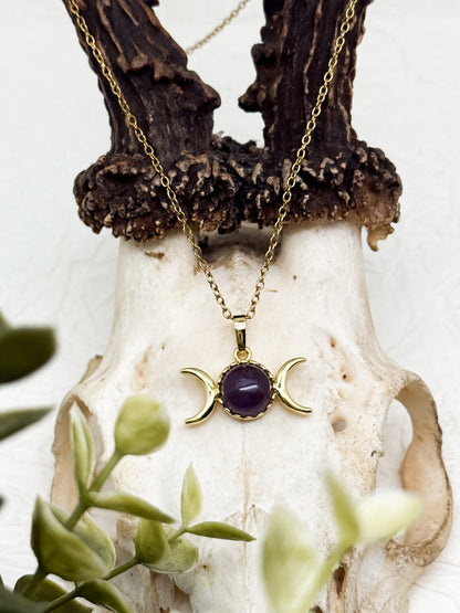 Mondphasen Wicca Kette | Bergkristall, Amethyst & Aventurin | Edelstahl