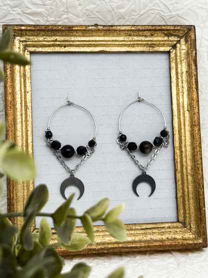 Shadow Huntress Creolen mit Obsidian | Gold & Silber | Edelstahl