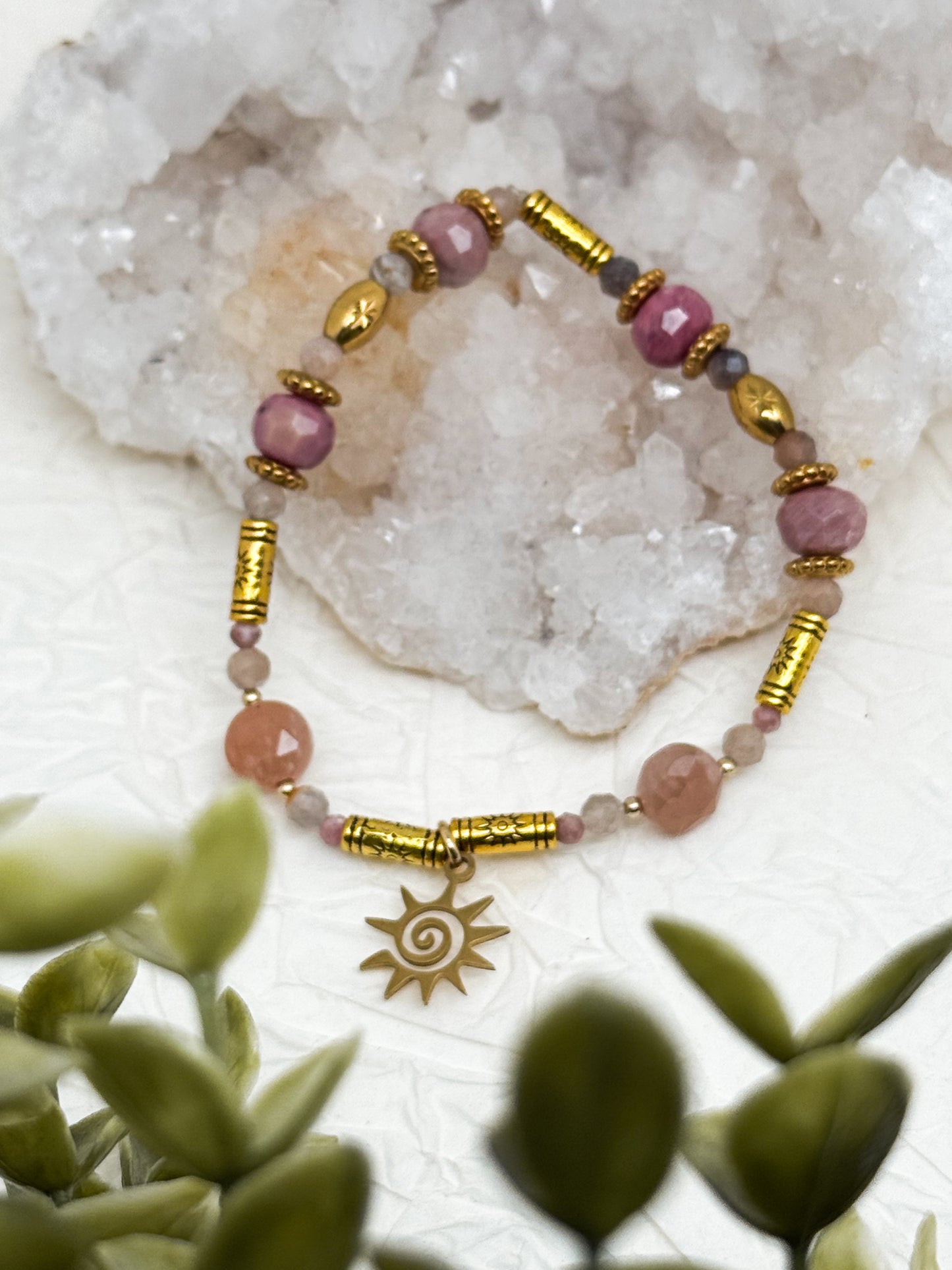 Armband "Aurora Rosea" | Rhodochrosit & Mondstein | Silber & Gold | Edelstahl