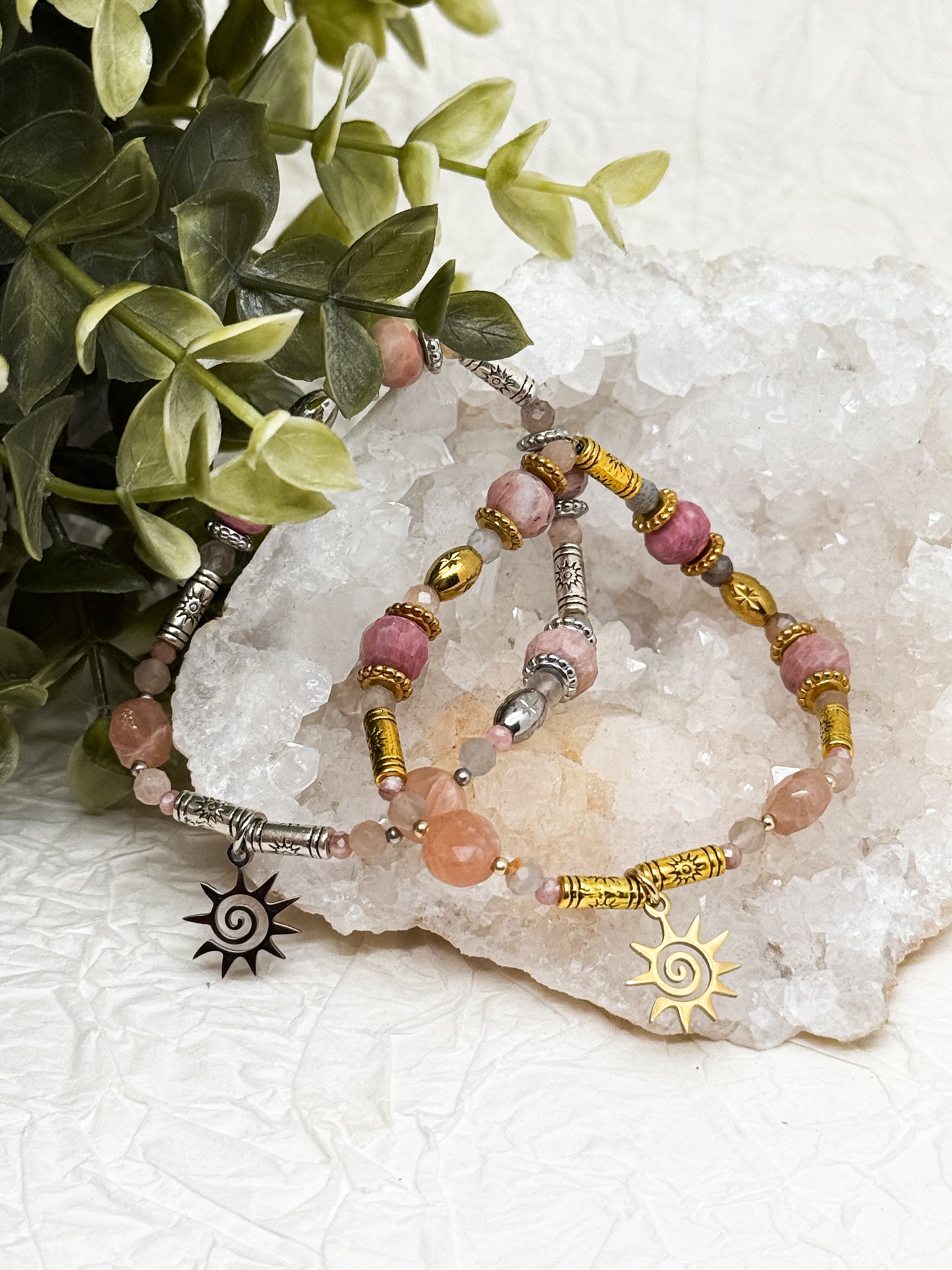 Armband "Aurora Rosea" | Rhodochrosit & Mondstein | Silber & Gold | Edelstahl