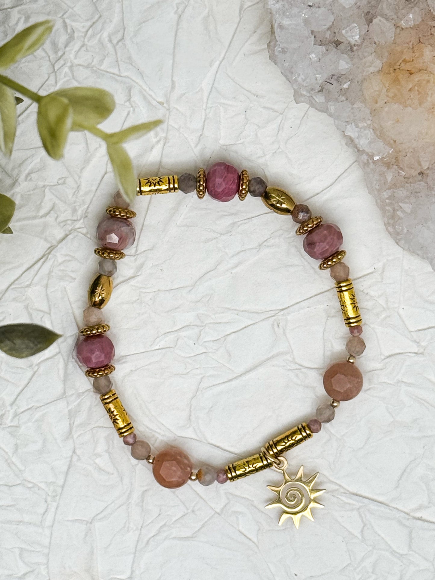 Armband "Aurora Rosea" | Rhodochrosit & Mondstein | Silber & Gold | Edelstahl