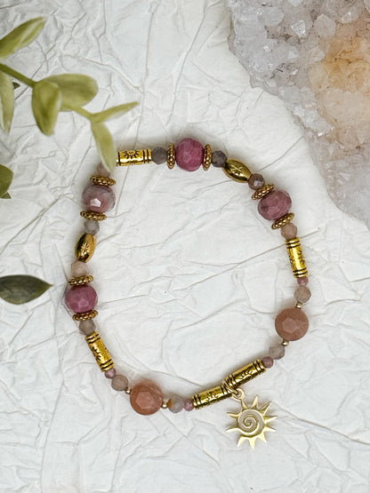 Armband "Aurora Rosea" | Rhodochrosit & Mondstein | Silber & Gold | Edelstahl