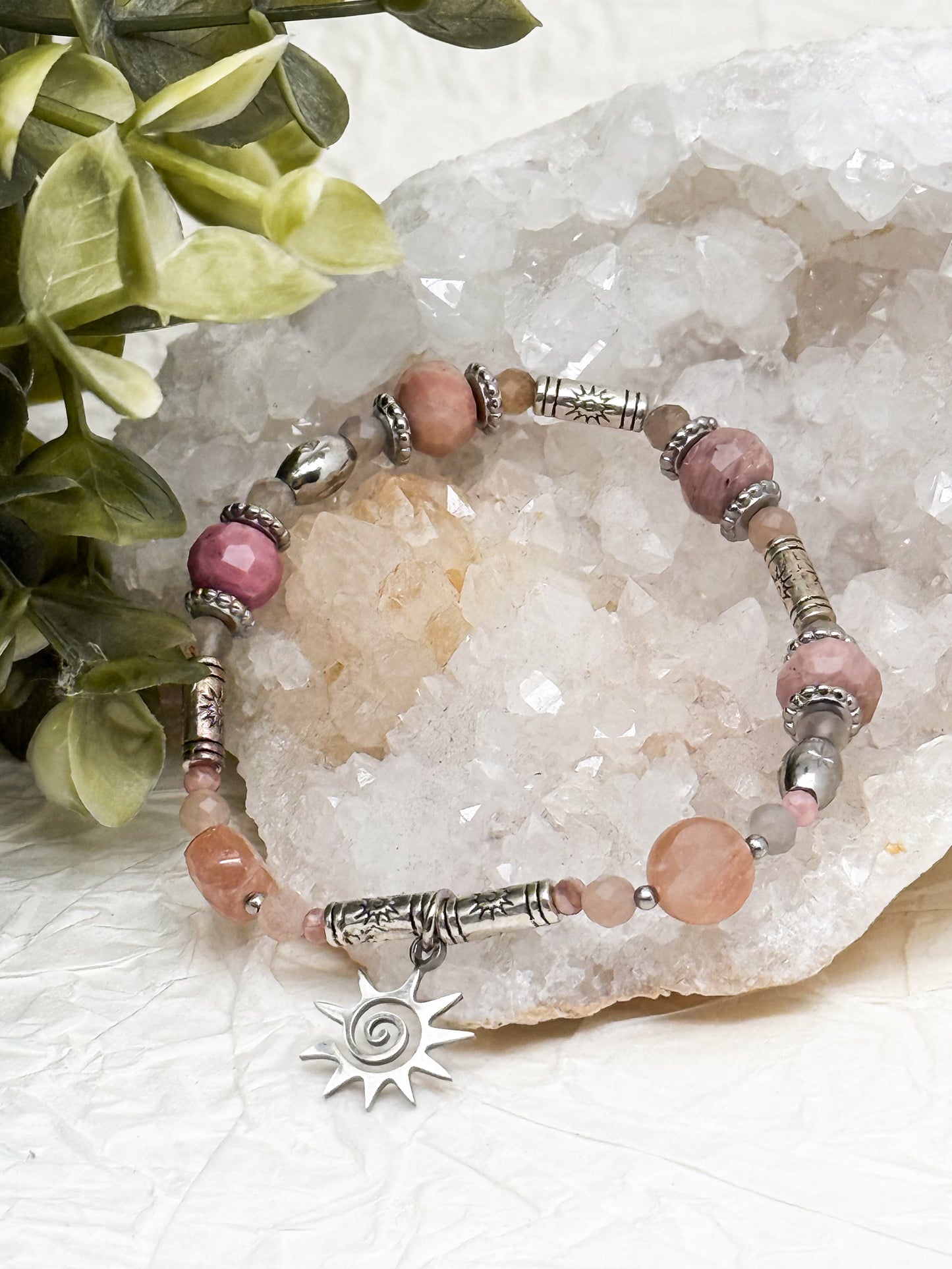 Armband "Aurora Rosea" | Rhodochrosit & Mondstein | Silber & Gold | Edelstahl