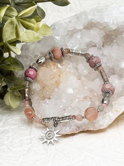 Armband "Aurora Rosea" | Rhodochrosit & Mondstein | Silber & Gold | Edelstahl
