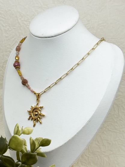 "Aurora Rosea" Perlenkette | Rhodochrosit & Pfirsich Mondstein | Gold & Silber