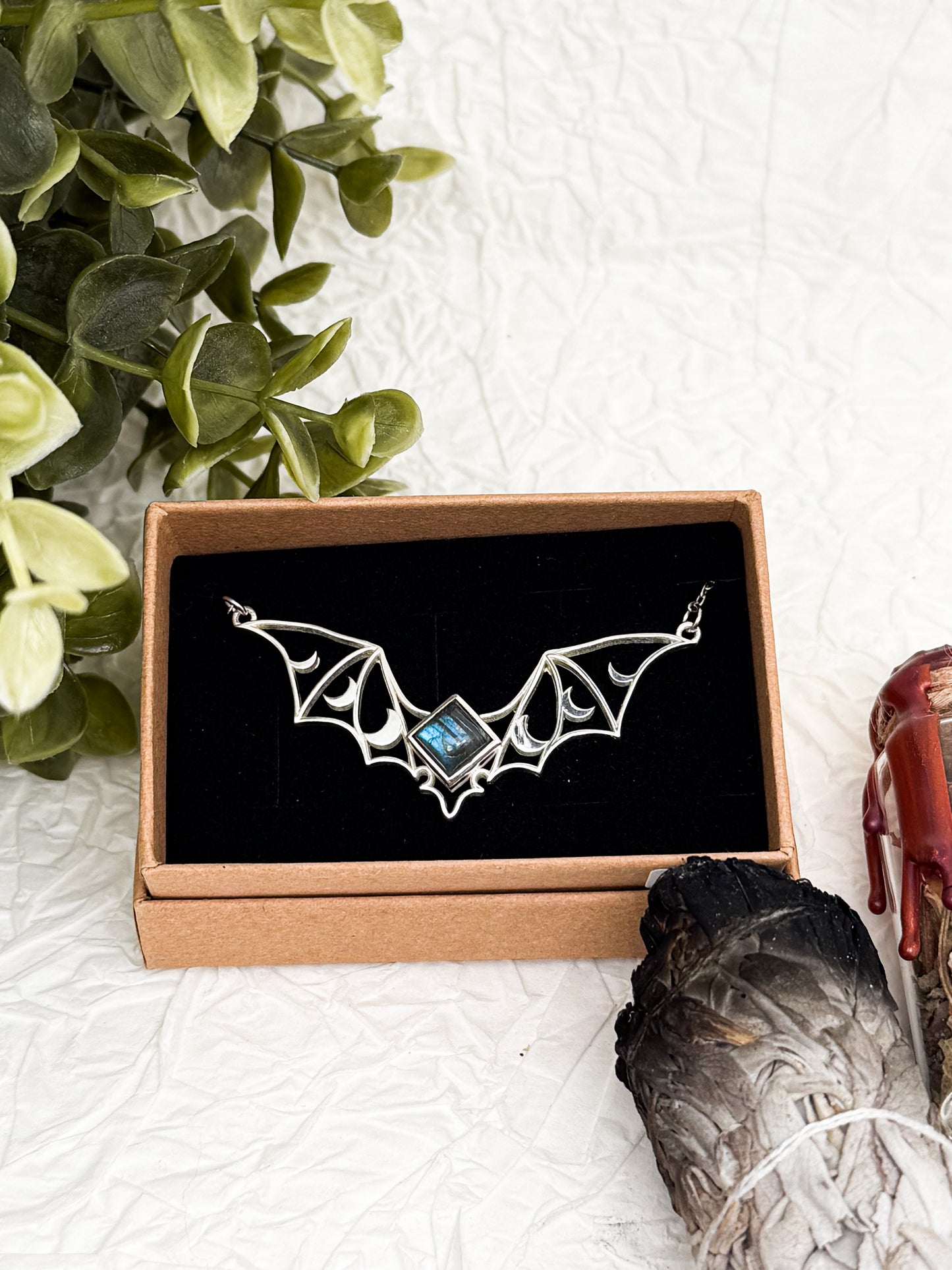 Moonbat Amulet Kette Gold & Silber | Mondstein, Labradorit, Amethyst & Obsidian | Edelstahl