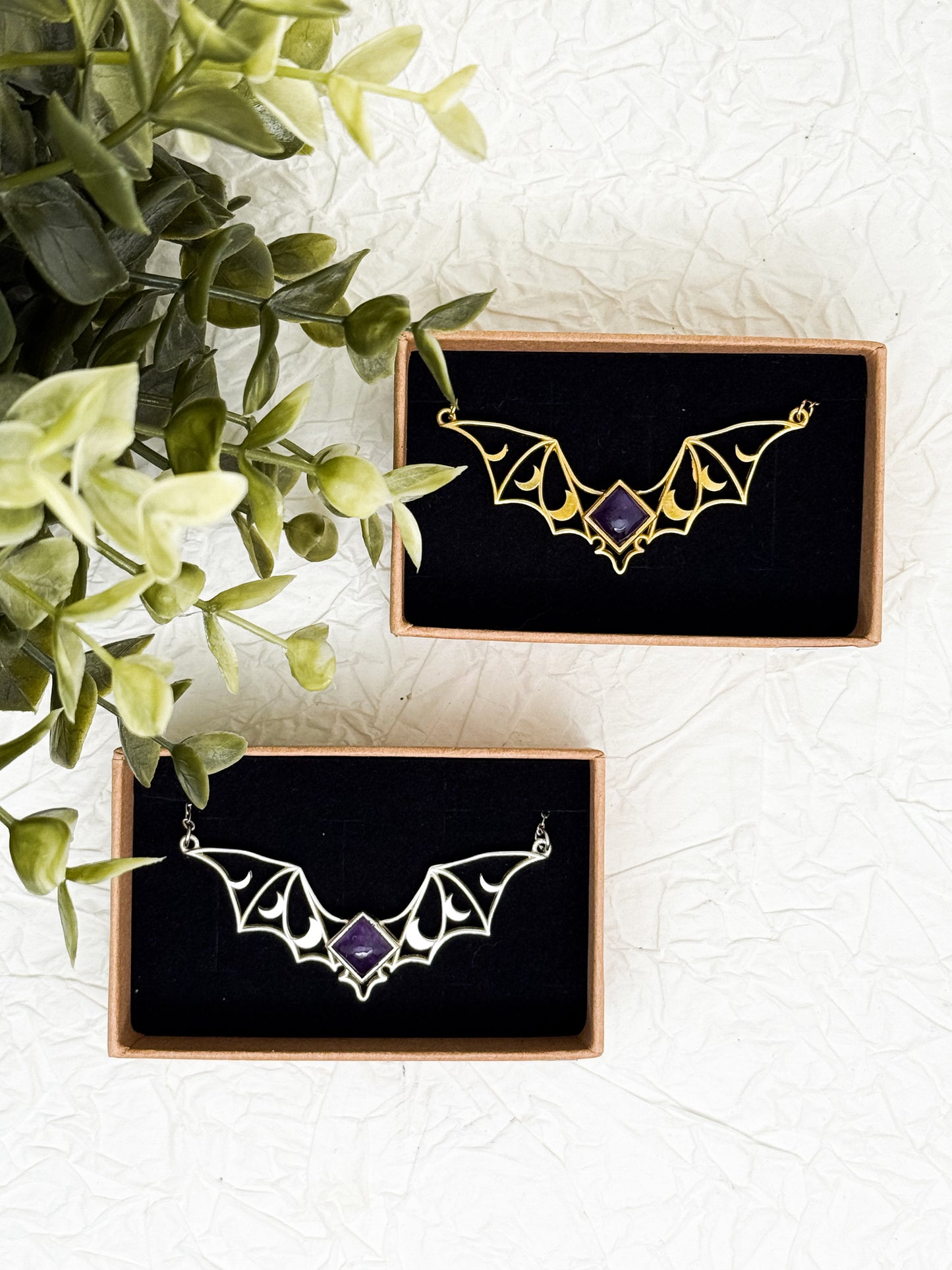 Moonbat Amulet Kette Gold & Silber | Mondstein, Labradorit, Amethyst & Obsidian | Edelstahl