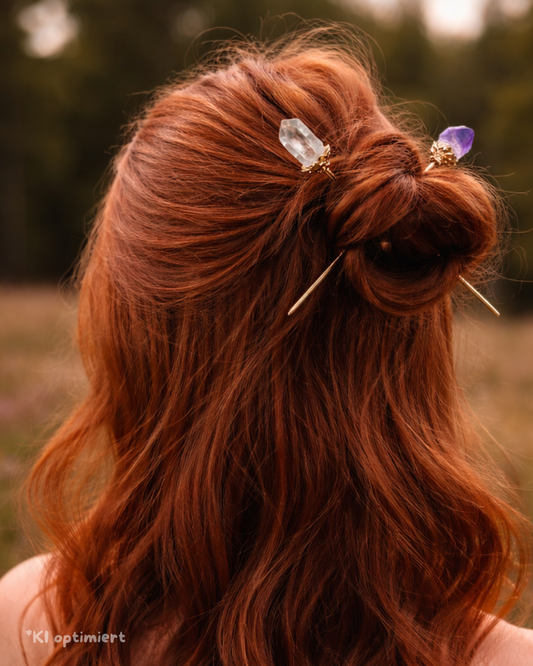 Haarnadeln mit Amethyst & Bergkristall| Gold und Silber
