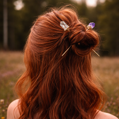 Haarnadeln mit Amethyst & Bergkristall| Gold und Silber
