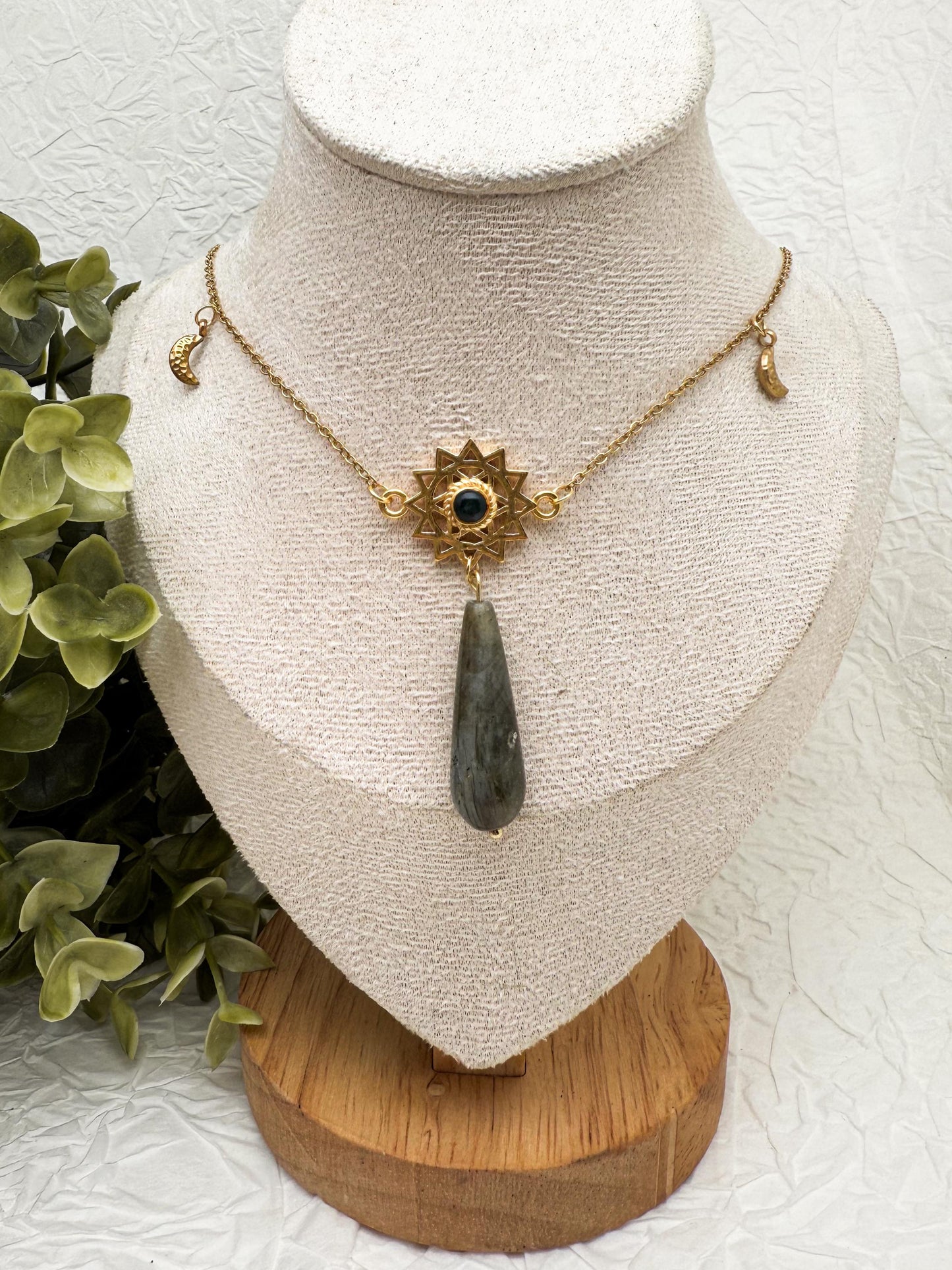 Solstice Gaze Moosachat Labradorit Rubin in Zoisit Kette | Edelstahl