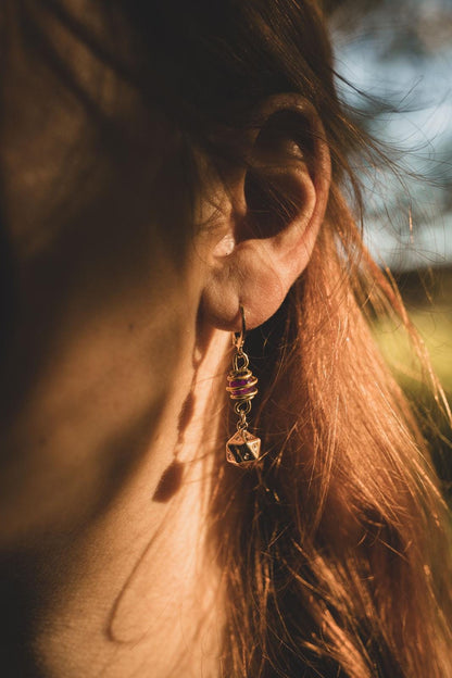 Dungeons and Dragons Ohrringe | Gold & SILBER | mit Edelsteinen Amethyst - Moosachat - Obsidian