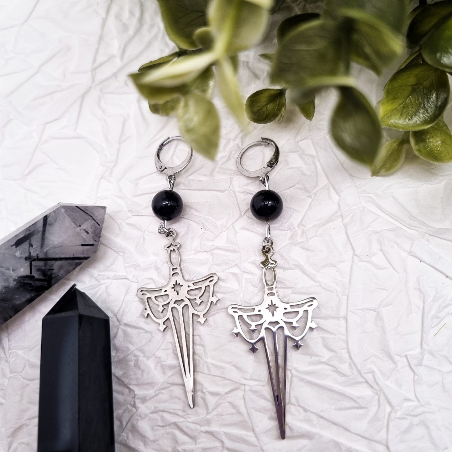 Magisches Schwert Ohrringe | Gold-Schimmer Obsidian | Gold und Silber