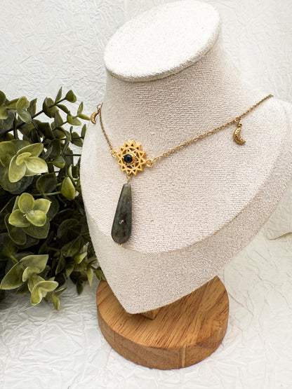 Solstice Gaze Moosachat Labradorit Rubin in Zoisit Kette | Edelstahl