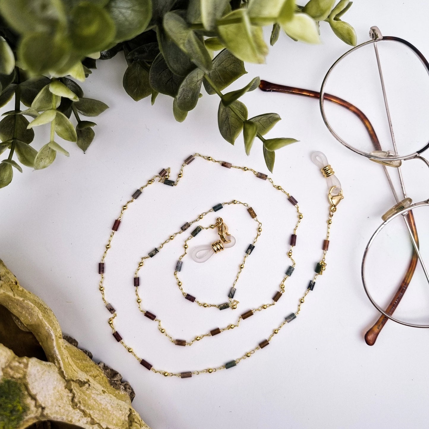 Brillenkette mit natürlichen Moosachatperlen | Gold