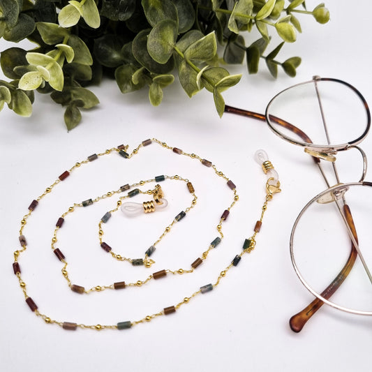 Brillenkette mit natürlichen Moosachatperlen | Gold