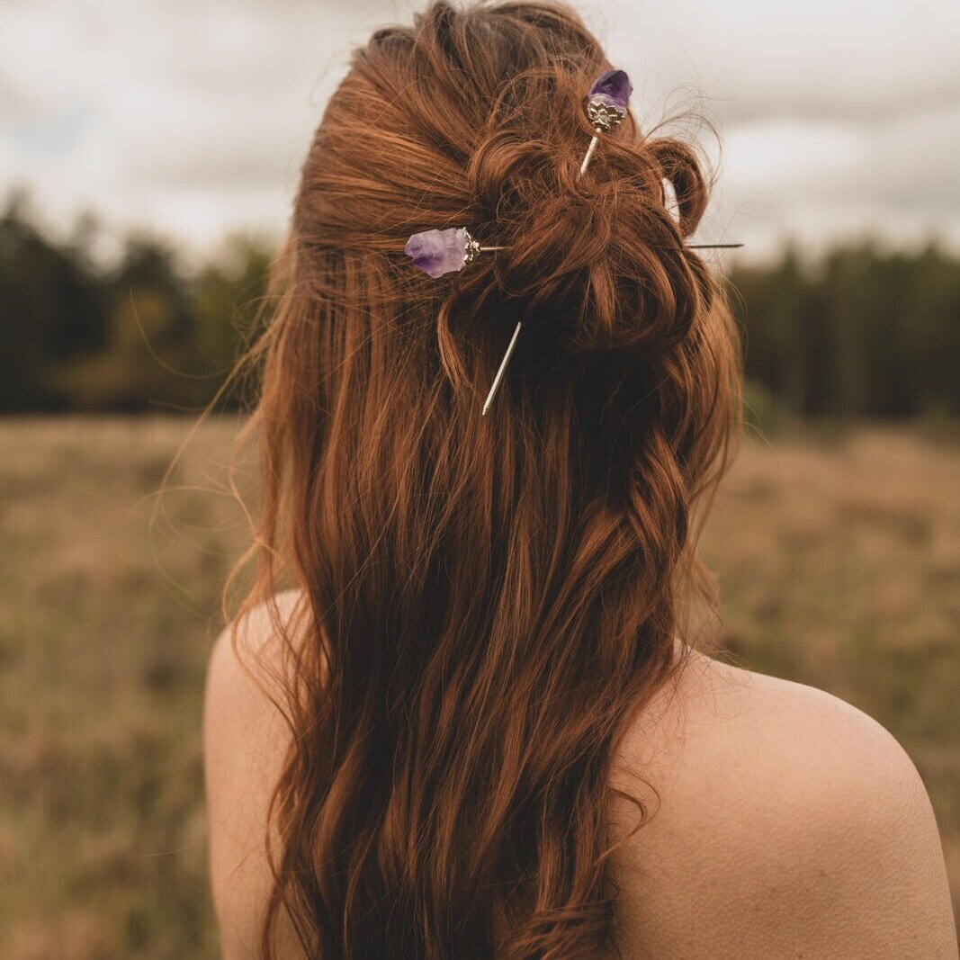 Haarnadeln mit Amethyst & Citrin | Gold und Silber